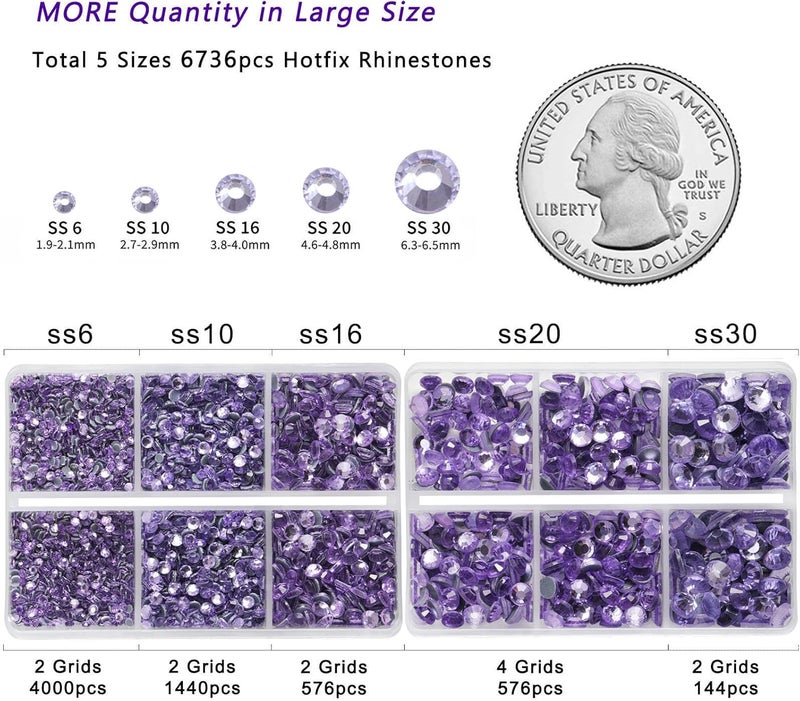 BEADSLAND 6736pcs Hotfix Rhinestones Flatback, Purple Rhinestones for Crafts Clothes Mixed 5 Sizes, Hotfix Crystals with Tweezers and Wax Pencil Kit, SS6-SS30, Violet - Image 4
